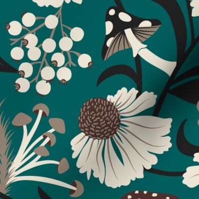 Woodland Botanique Autumnal Mushroom Floral Teal Large