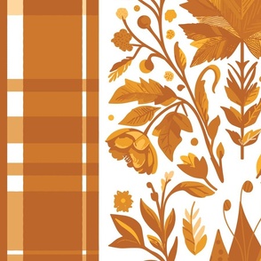 Country Elegance with stripes of plaid and delicate fruits and leaves shades of yellow and orange on white - jumbo scale