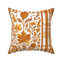 Country Elegance with stripes of plaid and delicate fruits and leaves shades of yellow and orange on white - large scale