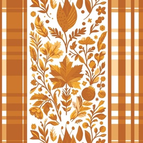 Country Elegance with stripes of plaid and delicate fruits and leaves shades of yellow and orange on white - large scale