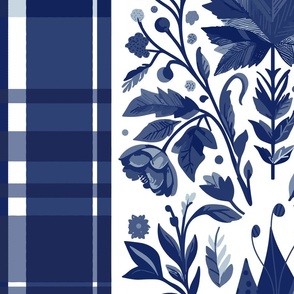 Country Elegance with stripes of plaid and delicate fruits and leaves shades of blue on white - jumbo scale