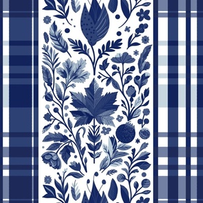 Country Elegance with stripes of plaid and delicate fruits and leaves shades of blue on white - large scale