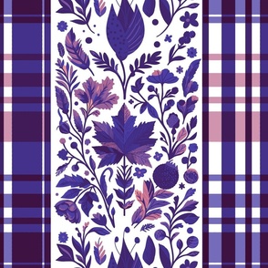 Country Elegance with stripes of plaid and delicate fruits and leaves warm purples and pink on white - large scale