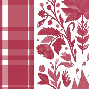 Country Elegance with stripes of plaid and delicate fruits and leaves shades of pink on white - jumbo scale
