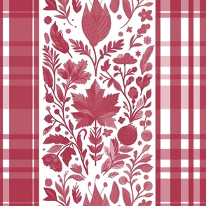 Country Elegance with stripes of plaid and delicate fruits and leaves shades of pink on white - large scale