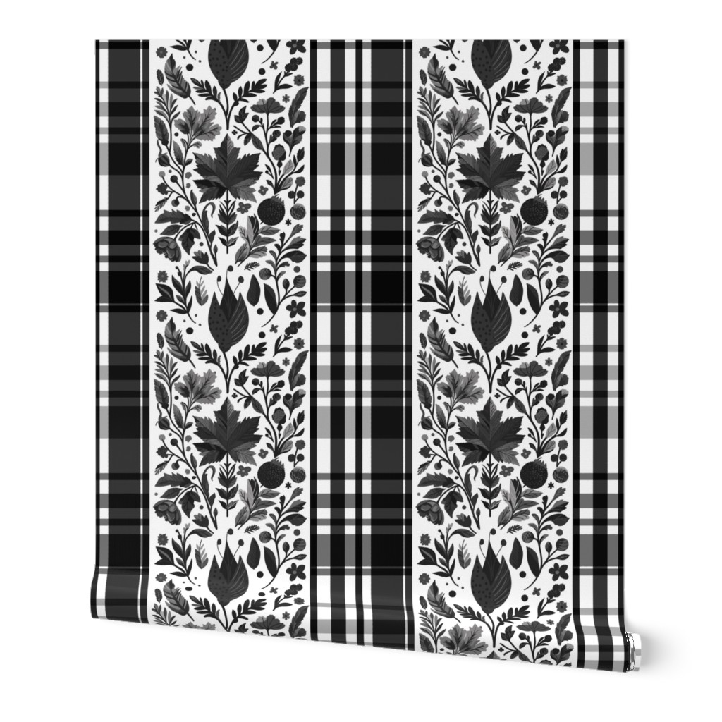 Country Elegance with stripes of plaid and delicate fruits and leaves grey and black on white - large scale