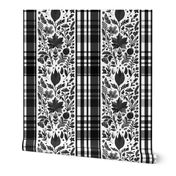 Country Elegance with stripes of plaid and delicate fruits and leaves grey and black on white - large scale