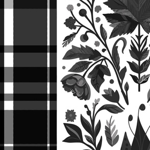 Country Elegance with stripes of plaid and delicate fruits and leaves grey and black on white - jumbo scale