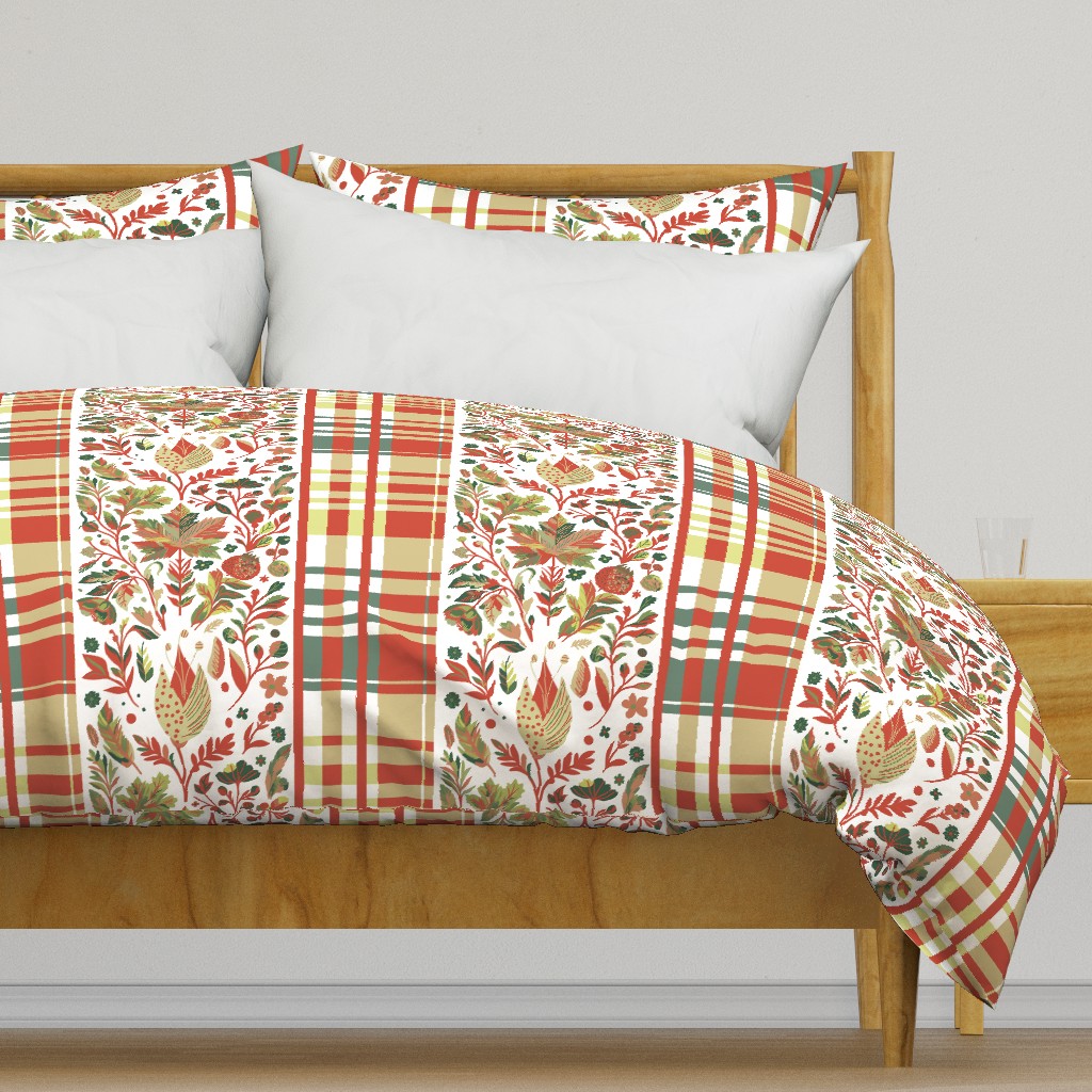 Country Elegance with stripes of plaid and delicate fruits and leaves shades green and red  on white - large scale