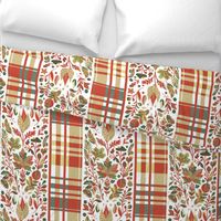 Country Elegance with stripes of plaid and delicate fruits and leaves shades green and red  on white - large scale