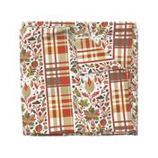 Country Elegance with stripes of plaid and delicate fruits and leaves shades green and red  on white - large scale