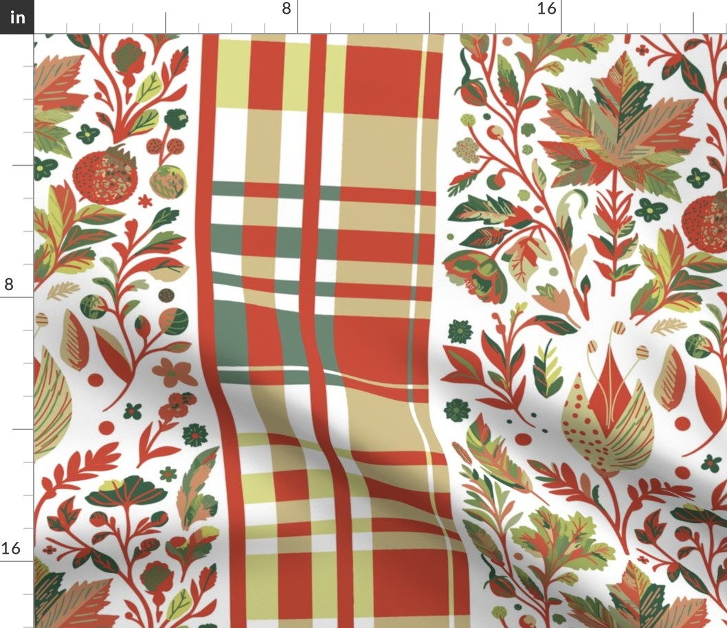 Country Elegance with stripes of plaid and delicate fruits and leaves shades green and red  on white - large scale