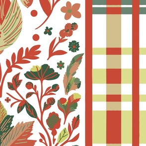 Country Elegance with stripes of plaid and delicate fruits and leaves shades green and red  on white - jumbo scale