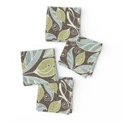 Swirling Leaves pattern in brown, teal, sage green and cream