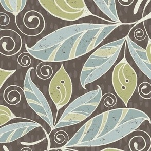 Swirling Leaves pattern in brown, teal, sage green and cream