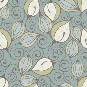 Swirling Buds in teal, sage, brown and cream