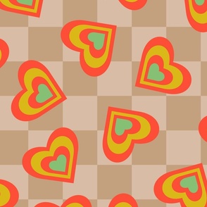 LOVE HEARTS CHECKERBOARD Retro Alt Valentines in Coral Yellow Green on Cream Beige Geometric Grid - LARGE Scale - UnBlink Studio by Jackie Tahara
