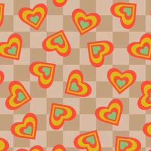 LOVE HEARTS CHECKERBOARD Retro Alt Valentines in Coral Yellow Green on Cream Beige Geometric Grid - SMALL Scale - UnBlink Studio by Jackie Tahara