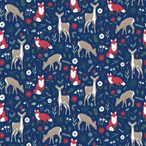 Winter Woodland Foxes and Fawns - Cobalt Blue - Small