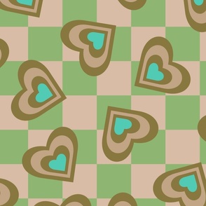 LOVE HEARTS CHECKERBOARD Retro Alt Valentines in Olive Sand Turquoise on Cream Green Geometric Grid - LARGE Scale - UnBlink Studio by Jackie Tahara