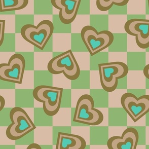 LOVE HEARTS CHECKERBOARD Retro Alt Valentines in Olive Sand Turquoise on Cream Green Geometric Grid - MEDIUM Scale - UnBlink Studio by Jackie Tahara