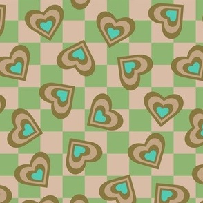 LOVE HEARTS CHECKERBOARD Retro Alt Valentines in Olive Sand Turquoise on Cream Green Geometric Grid - SMALL Scale - UnBlink Studio by Jackie Tahara