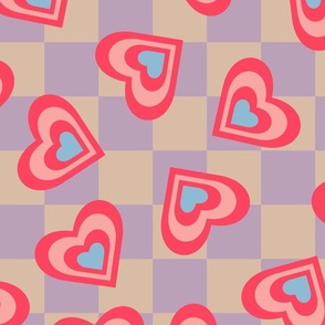 LOVE HEARTS CHECKERBOARD Retro Valentines in Red Pink Blue on Beige Lavender Purple Geometric Grid - LARGE Scale - UnBlink Studio by Jackie Tahara