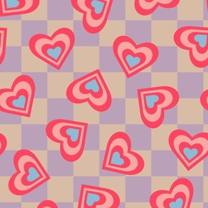 LOVE HEARTS CHECKERBOARD Retro Valentines in Red Pink Blue on Beige Lavender Purple Geometric Grid - MEDIUM Scale - UnBlink Studio by Jackie Tahara