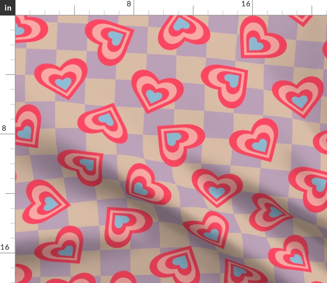 LOVE HEARTS CHECKERBOARD Retro Valentines in Red Pink Blue on Beige Lavender Purple Geometric Grid - MEDIUM Scale - UnBlink Studio by Jackie Tahara