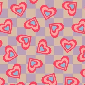 LOVE HEARTS CHECKERBOARD Retro Valentines in Red Pink Blue on Beige Lavender Purple Geometric Grid - SMALL Scale - UnBlink Studio by Jackie Tahara