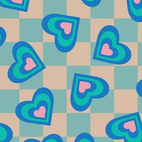 LOVE HEARTS CHECKERBOARD Retro Alt Valentines in Royal Blue Turquoise Pink on Beige Aqua Geometric Grid - LARGE Scale - UnBlink Studio by Jackie Tahara