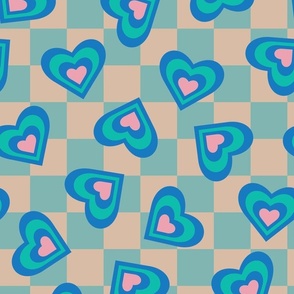 LOVE HEARTS CHECKERBOARD Retro Alt Valentines in Royal Blue Turquoise Pink on Beige Aqua Geometric Grid - MEDIUM Scale - UnBlink Studio by Jackie Tahara