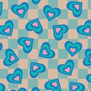 LOVE HEARTS CHECKERBOARD Retro Alt Valentines in Royal Blue Turquoise Pink on Beige Aqua Geometric Grid - SMALL Scale - UnBlink Studio by Jackie Tahara