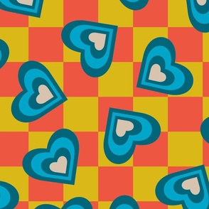 LOVE HEARTS CHECKERBOARD Retro Alt Valentines in Teal Blue Cream on Orange Yellow Geometric Grid - LARGE Scale - UnBlink Studio by Jackie Tahara