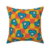 LOVE HEARTS CHECKERBOARD Retro Alt Valentines in Teal Blue Cream on Orange Yellow Geometric Grid - MEDIUM Scale - UnBlink Studio by Jackie Tahara