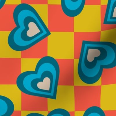 LOVE HEARTS CHECKERBOARD Retro Alt Valentines in Teal Blue Cream on Orange Yellow Geometric Grid - MEDIUM Scale - UnBlink Studio by Jackie Tahara