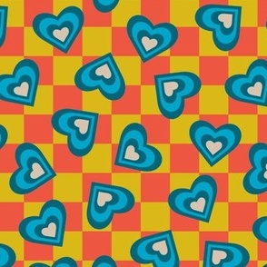 LOVE HEARTS CHECKERBOARD Retro Alt Valentines in Teal Blue Cream on Orange Yellow Geometric Grid - SMALL Scale - UnBlink Studio by Jackie Tahara