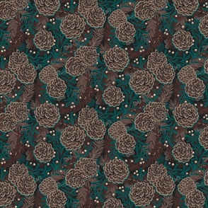 Warm Winter- Victorian Botanical- Pinecones- Evergreen- Mistletoe- Christmas Tablecloth- Holiday Decor- Moody Wallpaper-Emerald Green and Brown- Small