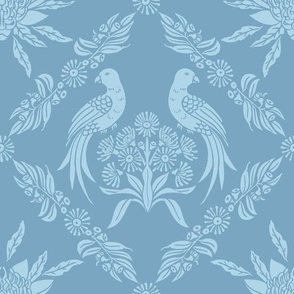 Damask Australian floral Waratah and King parrot bird, elegant traditional classic Australiana in French blue hues
