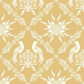 Damask Australian floral Waratah and King parrot bird, elegant traditional classic Australiana in natural white and wheat gold