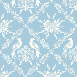 Damask Australian floral Waratah and King parrot bird, elegant traditional classic Australiana in soft French blue and natural white