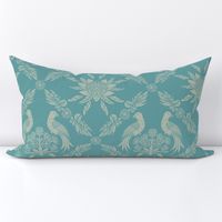 Damask Australian floral Waratah and King parrot bird, elegant traditional classic Australiana in teal and duck egg green