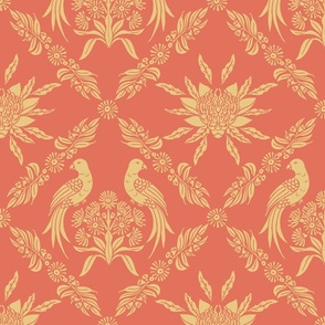 Damask Australian floral Waratah and King parrot bird, elegant traditional classic Australiana in terra cotta and apricity gold