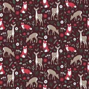 Winter Woodland Foxes and Fawns - Crimson Red - Small
