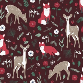 Winter Woodland Foxes and Fawns - Crimson Red - Medium