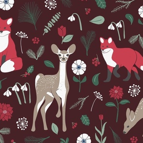Winter Woodland Foxes and Fawns - Crimson Red - Large