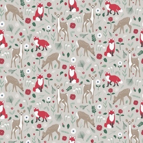 Winter Woodland Foxes and Fawns - Beige - Small