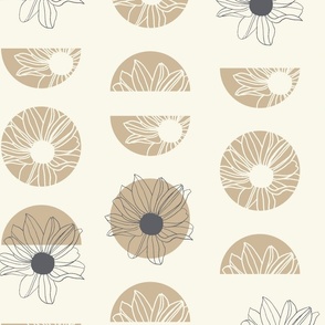 Boho Geo Flowers | Large Scale | Beige white, tan brown, Blue grey | Floral line art