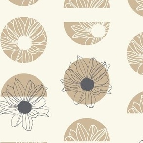 Boho Geo Flowers | Medium Scale | Beige white, tan brown, Blue grey | Floral line art