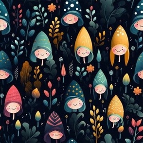 Whimsical Mushroom Characters in a Leaf and Floral Background